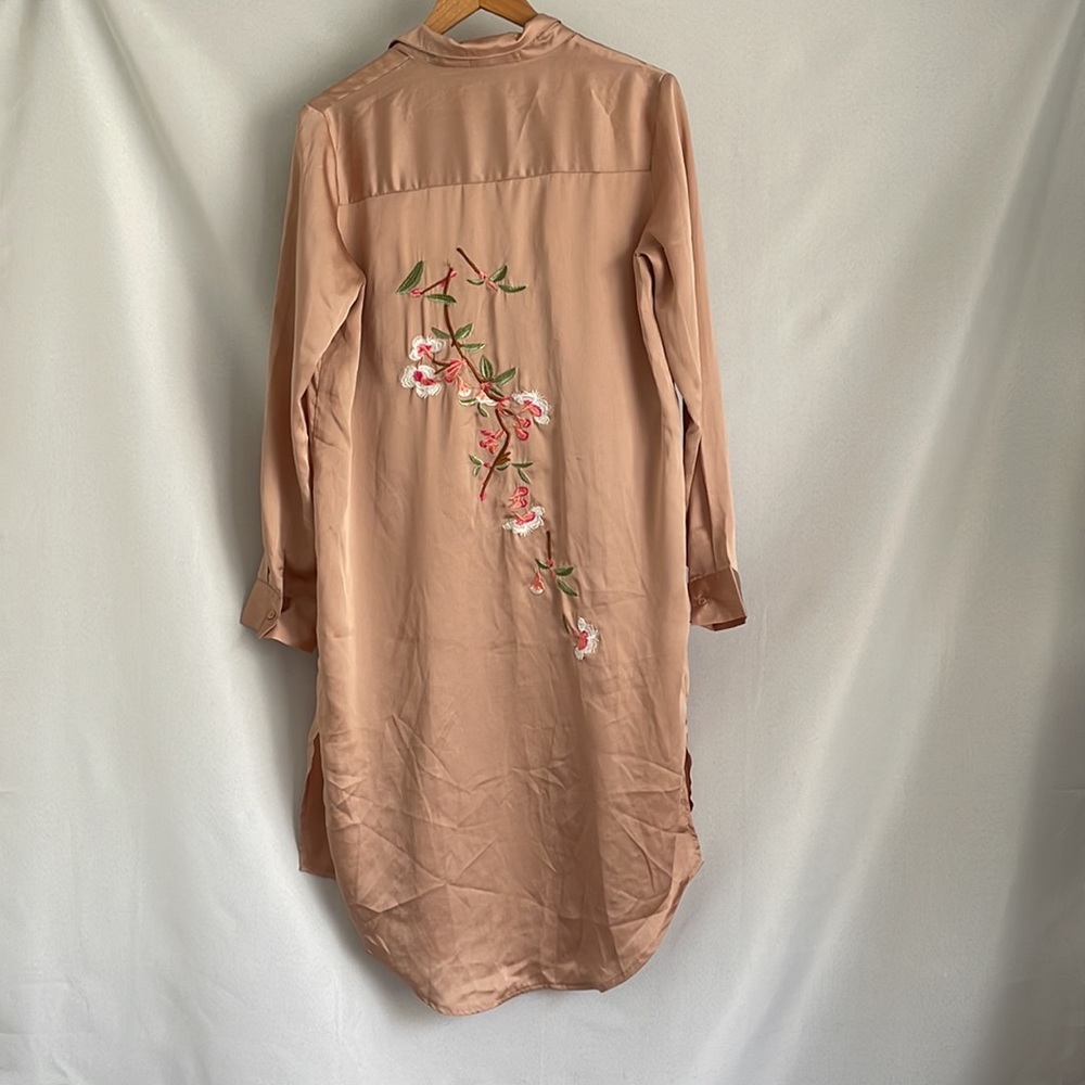 Missguided Floral Embroidered Satin Oversized Button Down Shirt/Midi Dress